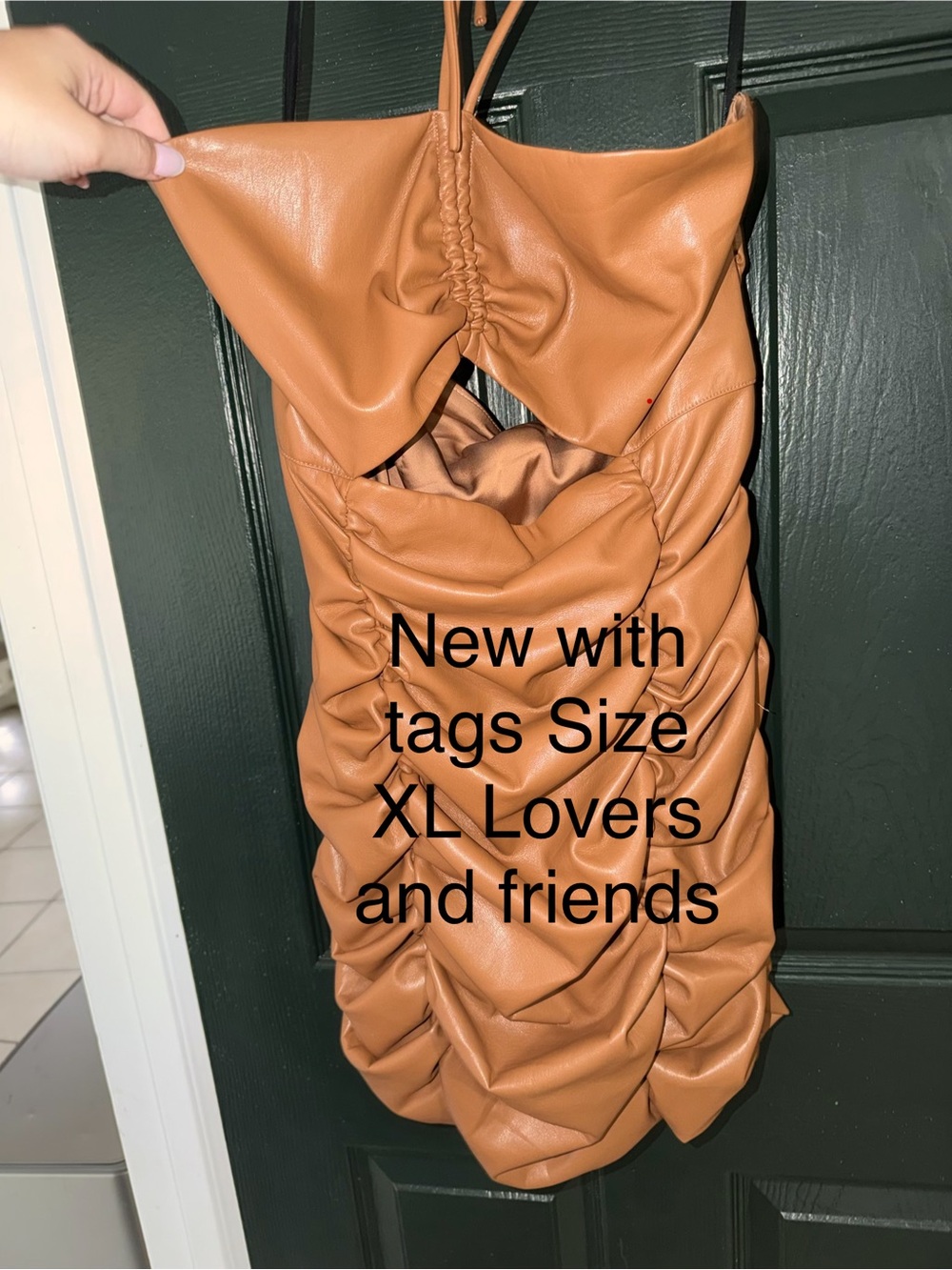 Lovers + Friends Ruched Faux-Leather Mini Dress in Tan